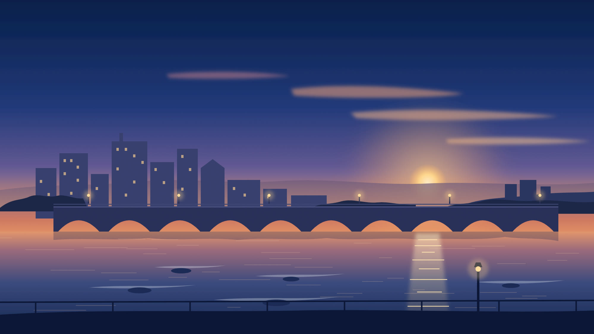 Illustration of the Chattahoochee River at sunset, with an arched bridge between Columbus and Phenix City
